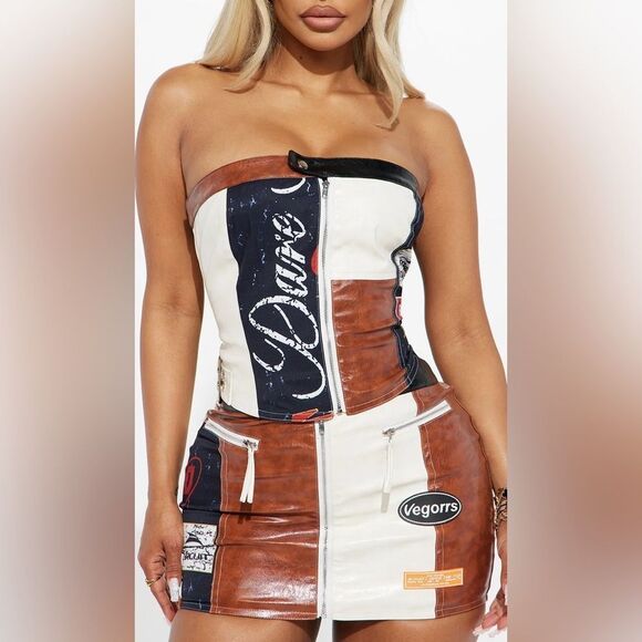 Faux Leather Brown and Black Patchwork Skirt Set - Picture 10 of 12